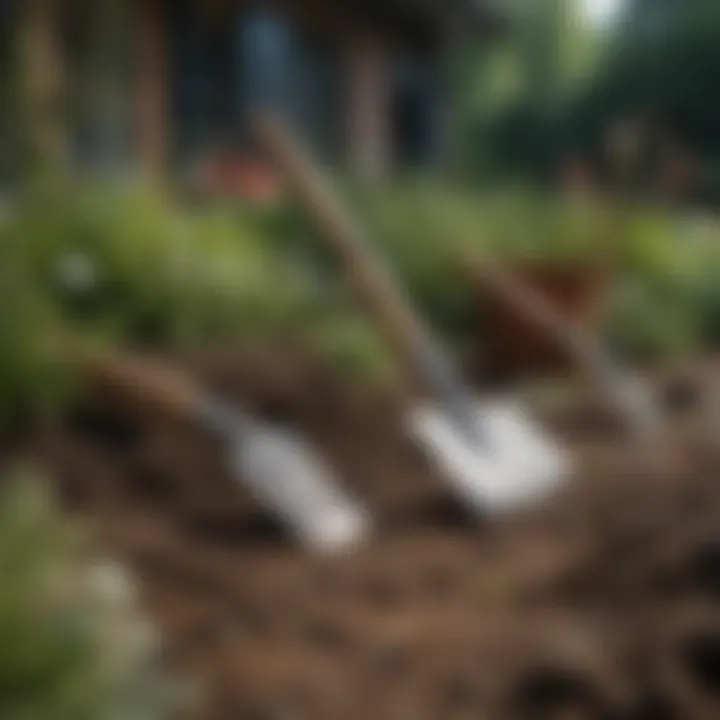 Essential gardening tools lined up for preparing the flower bed