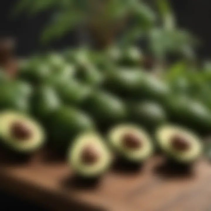 Diverse varieties of avocado fruits on a table