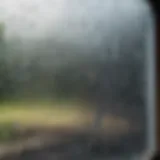 Close-up of condensation forming on the inside of a double pane window