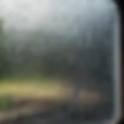 Close-up of condensation forming on the inside of a double pane window