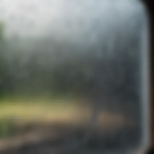 Close-up of condensation forming on the inside of a double pane window
