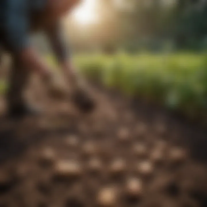 Gardener applying organic fertilizer to potato beds