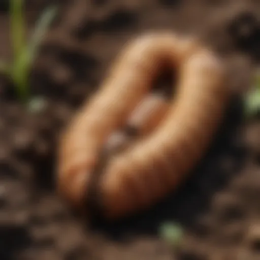 Close-up view of grubs in soil