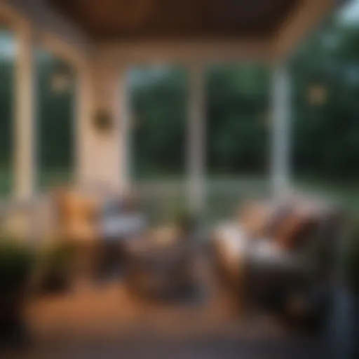 Elegant back porch featuring a cozy seating arrangement with ambient lighting.