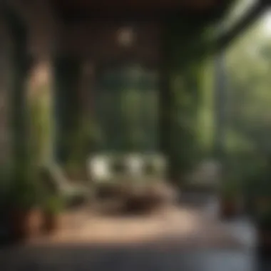 Stylish Outdoor Furniture on a Green Back Porch Back porch adorned with greenery and stylish outdoor furniture.