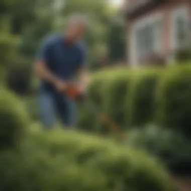 An overview of a backyard garden featuring a homeowner efficiently using a battery-operated hedge cutter.