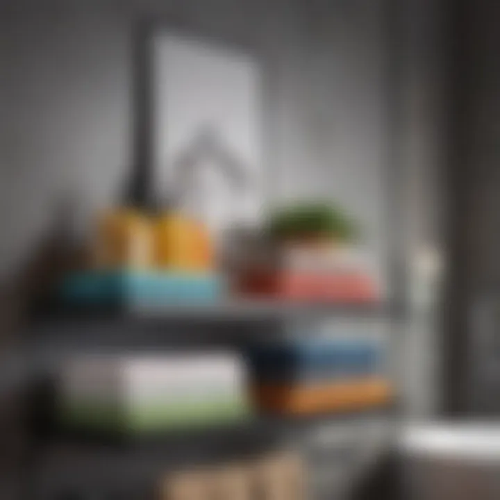 Colorful bathroom shelf arrangement with towels and accessories