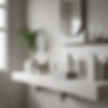 Minimalist bathroom shelf decorated with white ceramics