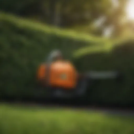 A close-up view of a sleek battery-operated hedge cutter resting against a well-trimmed hedge.