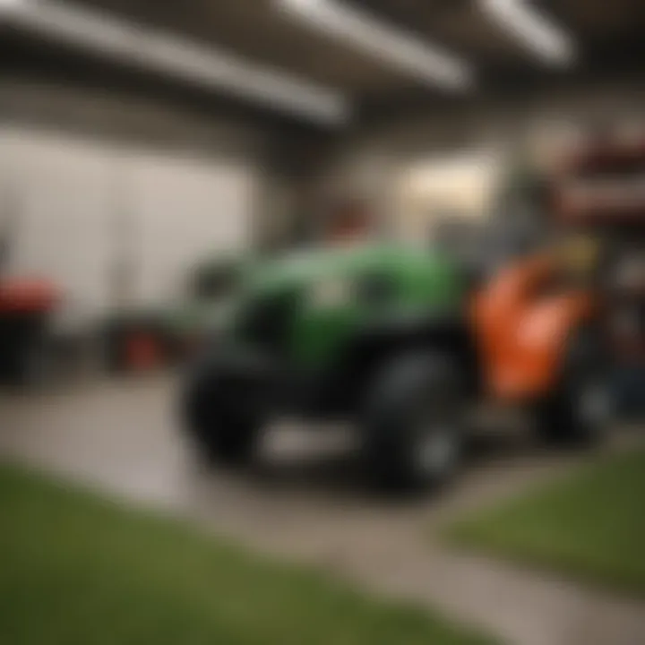 Maintenance check on a lawn tractor in a garage