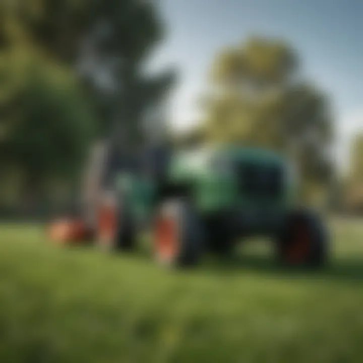 Powerful lawn tractor on large green landscape