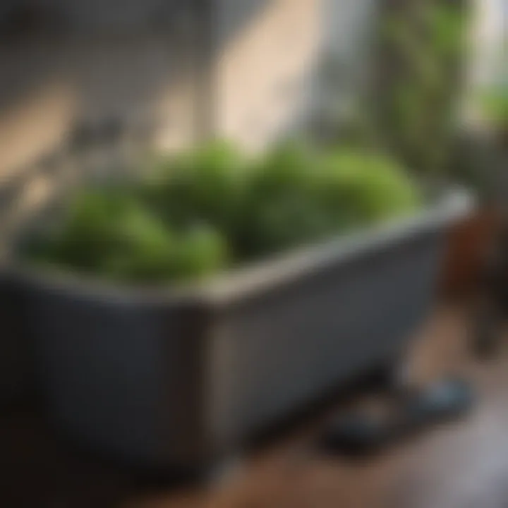 Garden maintenance tools beside a tub full of plants