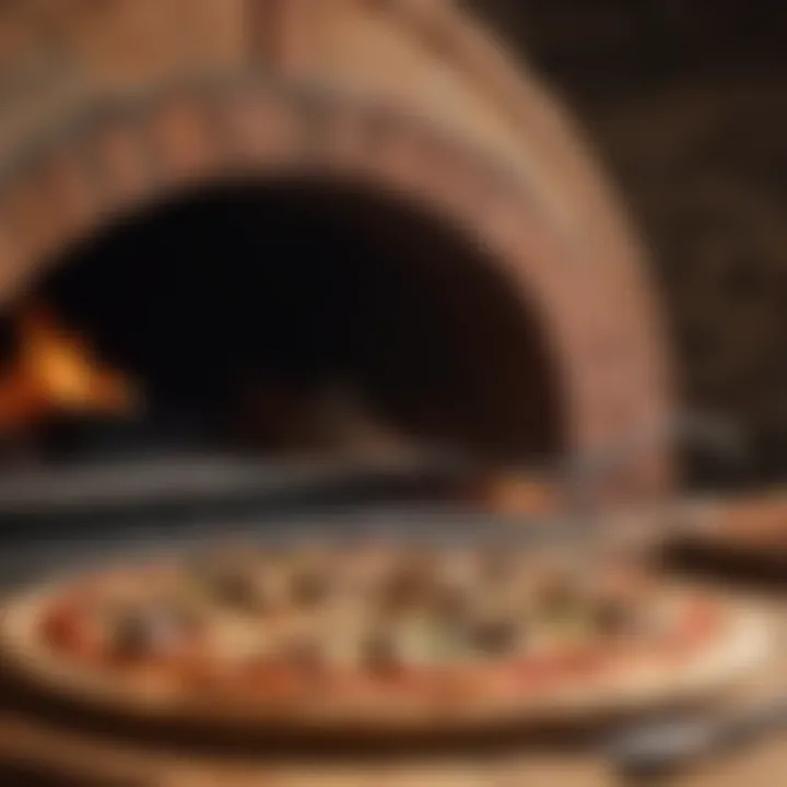 A perfectly cooked pizza emerging from a wood pizza oven