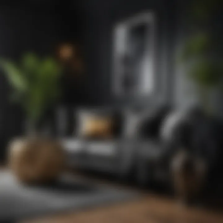 Stylish black living room with unique decorative accents