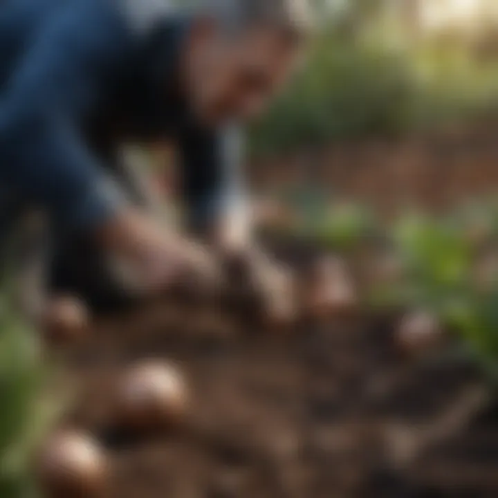 Gardener planting bulbs in rich soil