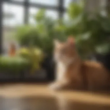 A cat lounging beside vibrant, non-toxic plants in a sunlit space.