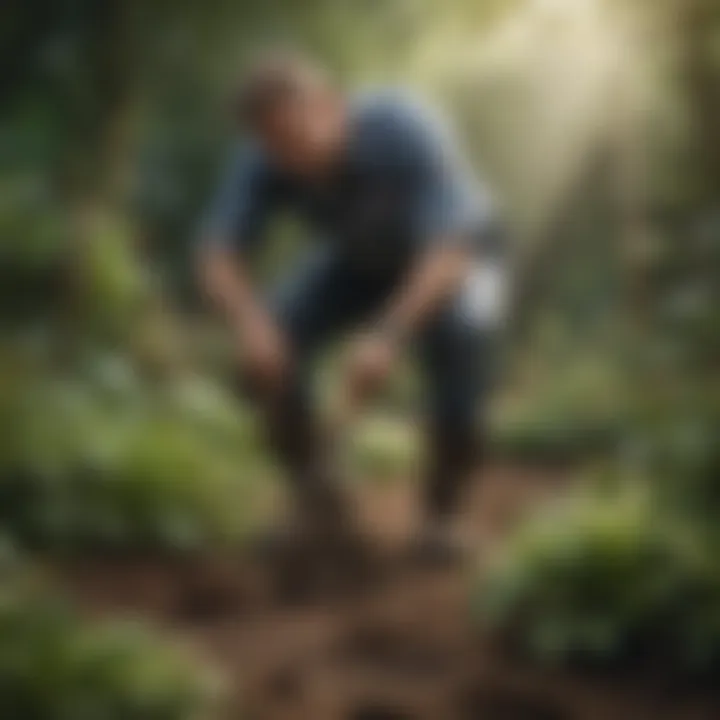 A gardener utilizing a root removal tool, demonstrating proper technique and posture