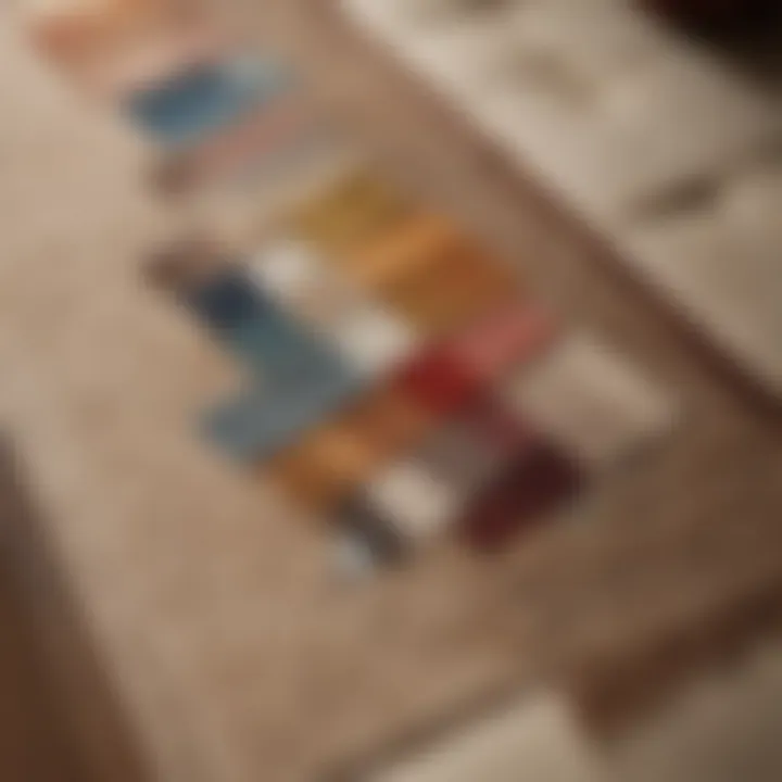 Close-up of various rug swatches next to a beige couch, highlighting color options