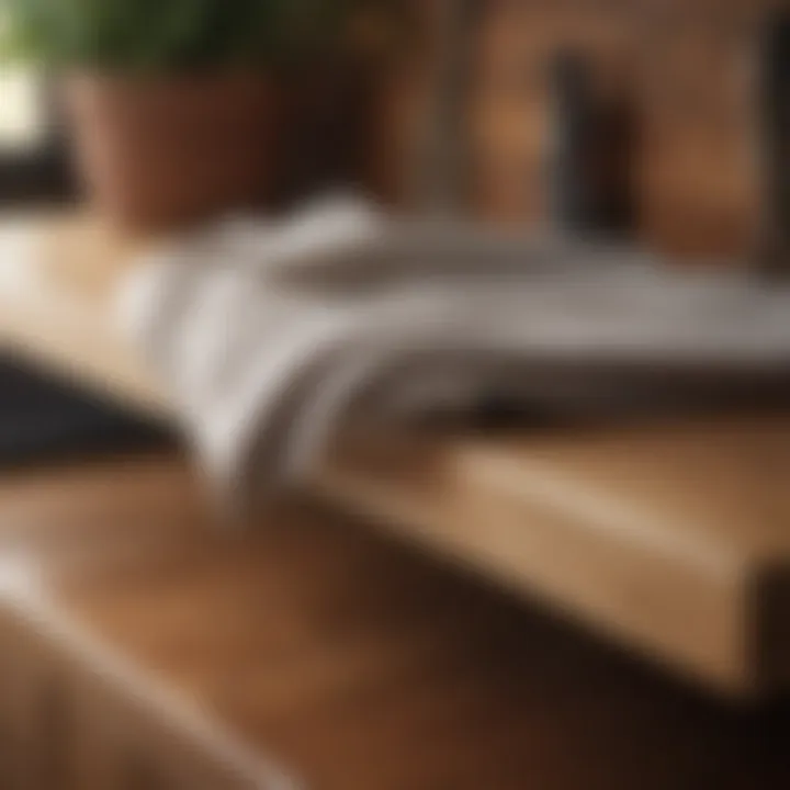 Close-up of a soft cloth wiping down a wooden shelf