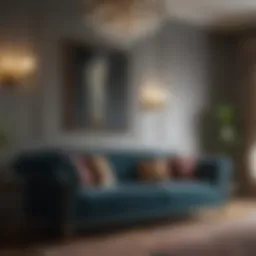 Luxurious velvet sofa in a well-decorated living room