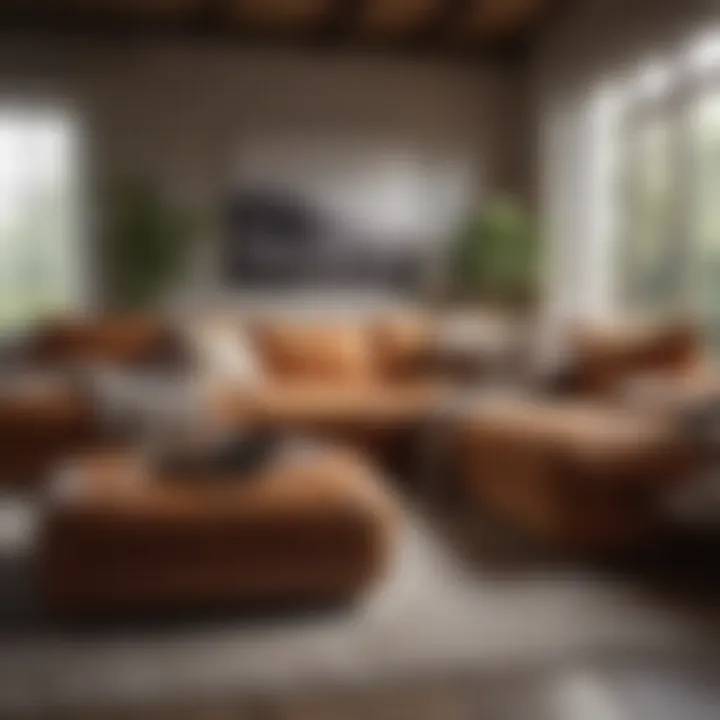 Cozy big couch with warm color tones and soft cushions