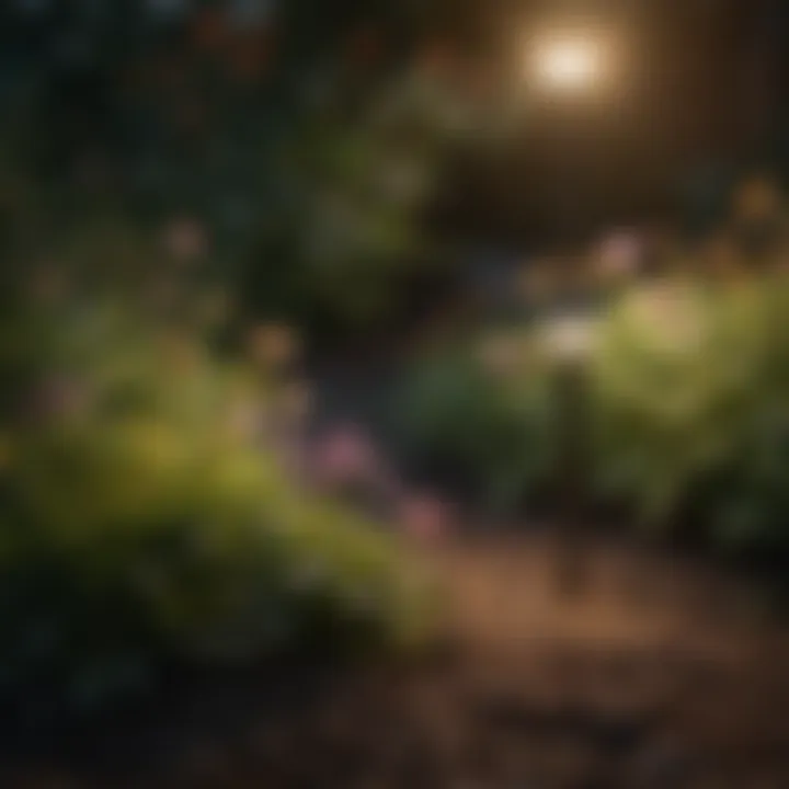 Solar garden lights illuminating a flower bed