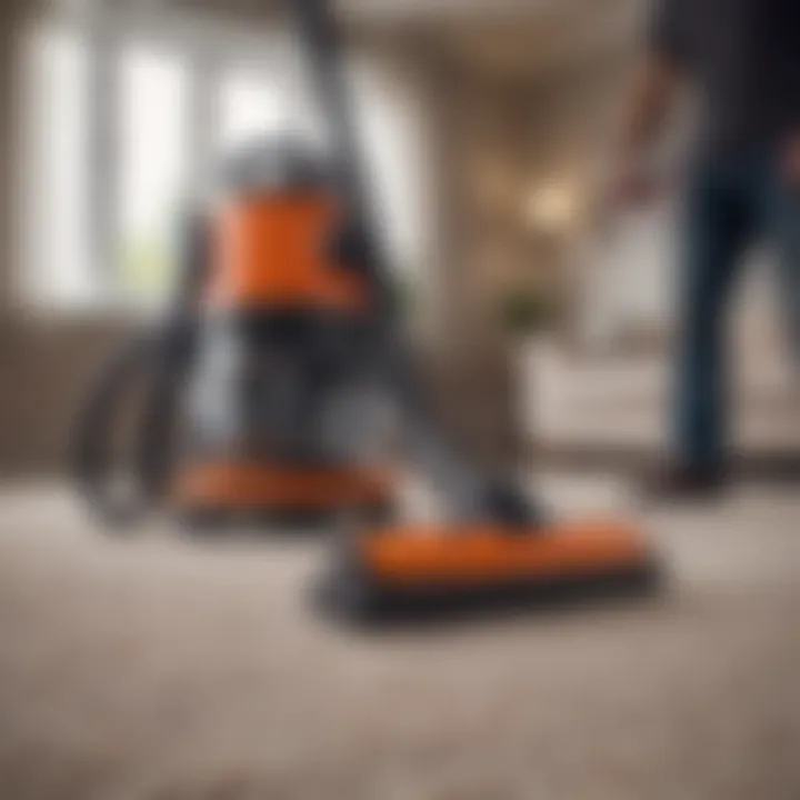 A vacuum cleaner in action on a carpet, showcasing its suction power.