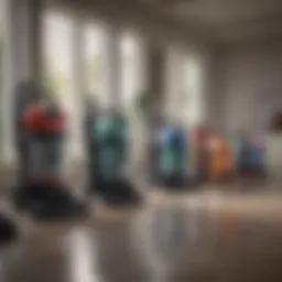 Different types of vacuum cleaners displayed in a showroom.