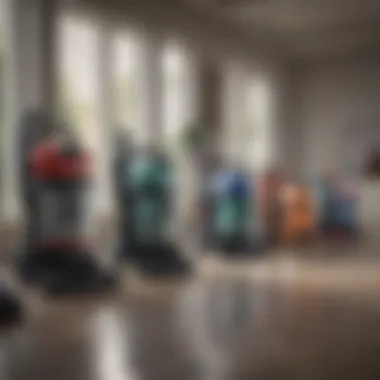 Different types of vacuum cleaners displayed in a showroom.