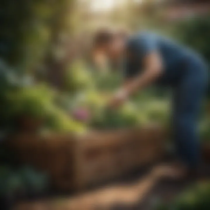 A gardener tending to a flourishing garden box