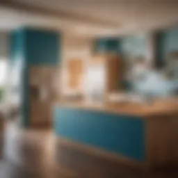 A coastal-inspired kitchen featuring light wood cabinetry and ocean blue accents