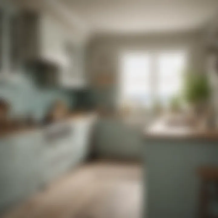 A serene kitchen color palette featuring soft whites, sandy beiges, and ocean greens