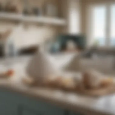 Decorative accessories in a kitchen that enhance a beachy vibe, including seashell decor and nautical elements