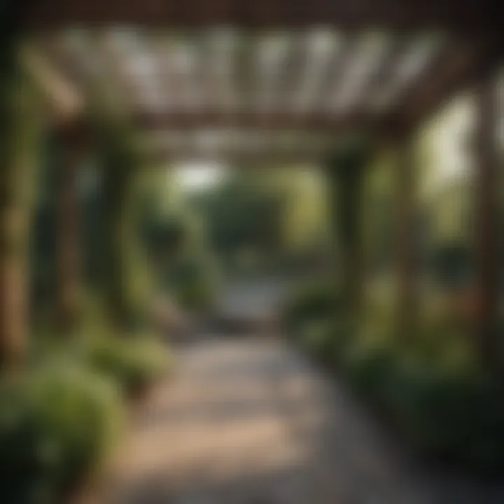 Outdoor structure such as a pergola surrounded by greenery