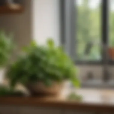 Close-up of fresh basil leaves and other herbs in a well-lit kitchen