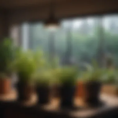 A lush indoor herb garden showcasing a variety of herbs in pots