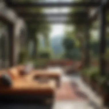 Charming Outdoor Retreat A vibrant outdoor patio adorned with tasteful furniture and greenery