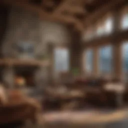 Cozy interior of a mountain cabin featuring a stone fireplace and wooden beams