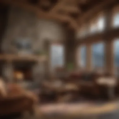 Warm and Inviting Interior Design Cozy interior of a mountain cabin featuring a stone fireplace and wooden beams
