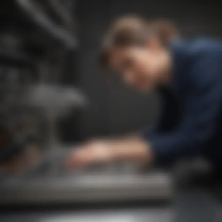 A person inspecting dishwasher parts during cleaning