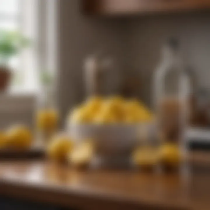 Fresh lemons next to a bowl of vinegar