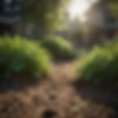 Close-up of natural weed control methods using mulch and ground cover.