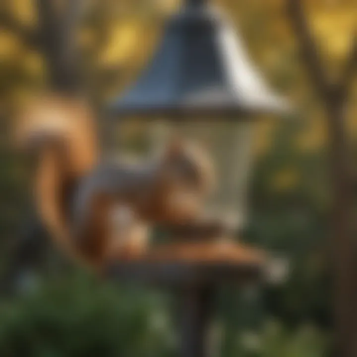 Close-up of a squirrel inspecting a bird feeder with protective measures