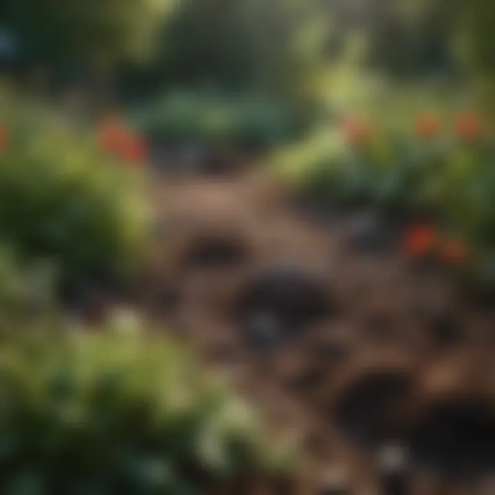 A lush garden with mole mounds visible.