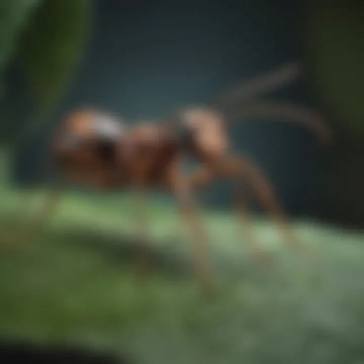 A close-up view of a large ant on a leaf, showcasing its intricate body structure.