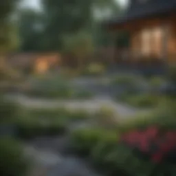 A serene residential yard free of mosquitoes, showcasing a well-tended garden.