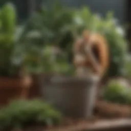 A beautifully arranged potted plant showing evidence of squirrel activity.