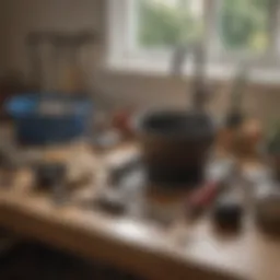 An array of tools for unclogging drains displayed on a workbench