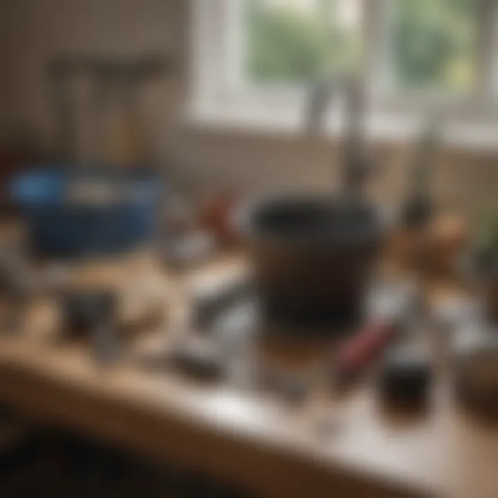 An array of tools for unclogging drains displayed on a workbench