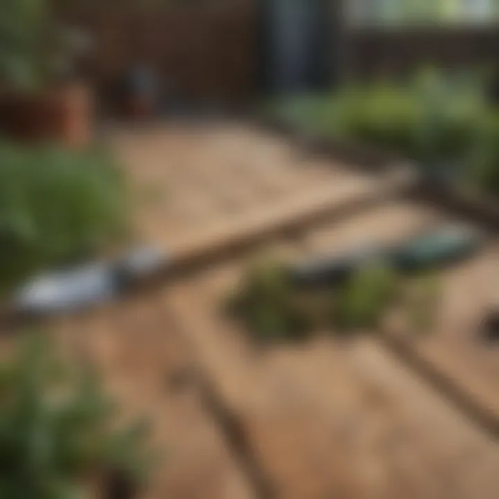 Garden tools laid out on a wooden surface